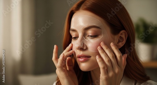 Redhead Woman Applying Hydrating Face Mask for Radiant Skin