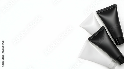Three Blank Tubes Mockup: Black and White Cosmetic Packaging on White Background, Ideal for Branding and Design Presentation.