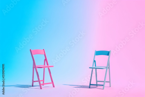 Pastel Pink and Blue Folding Chairs on Gradient Background: A Minimalist 3D Render
