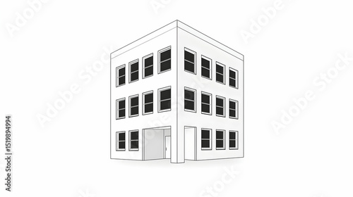 Simple 3D Illustration of a Multi-Story Building with Many Windows and a Ground Floor Entrance, Showing Architectural Design