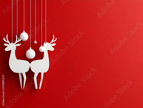 3D Render of White Reindeer with Hanging Ornaments Against Red Background for Christmas