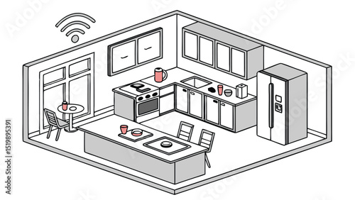 Isometric kitchen design with wifi connectivity for smart home appliances and modern kitchen layout ideas