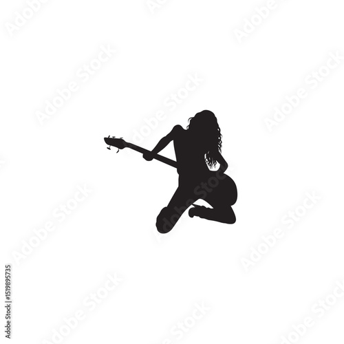 Energetic female bass guitarist silhouette in action black and white illustration