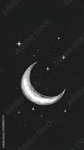 Crescent Moon and Stars: Hand-Drawn Night Sky Illustration, Celestial Background, Black and White Sketch, Mystical Art