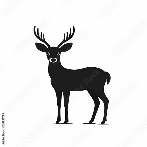 Black Silhouette of a Deer with Antlers Stands Calmly on White Background, Wildlife Illustration