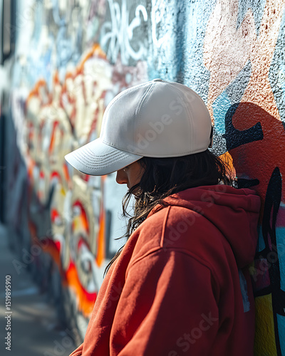 Young Woman Wearing White Cap Posing Against a Vibrant Graffiti Wall