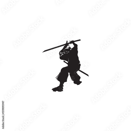 Vector silhouette of a fierce samurai warrior with swords in action pose