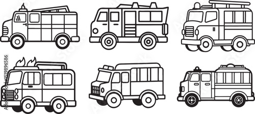 set of fire engine line art, black outline, vector and illustration, coloring book page line art drawing