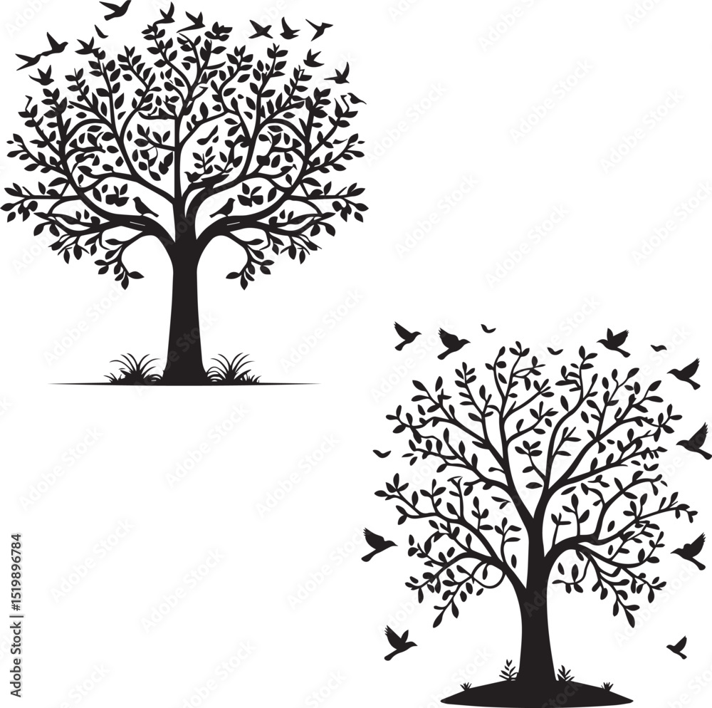 Obraz premium Tree with birds flying silhouette vector isolated on white background