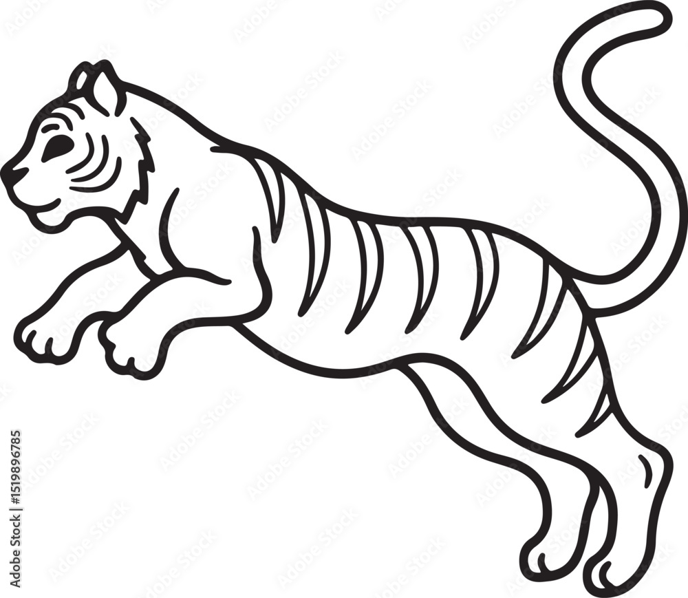 Obraz premium jumping tiger line art, black outline, vector and illustration, coloring book page line art drawing