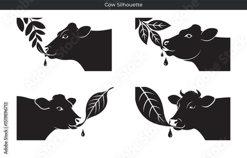 Stylish silhouette illustrations depict cows eating leaves with droplets of milk in black and white