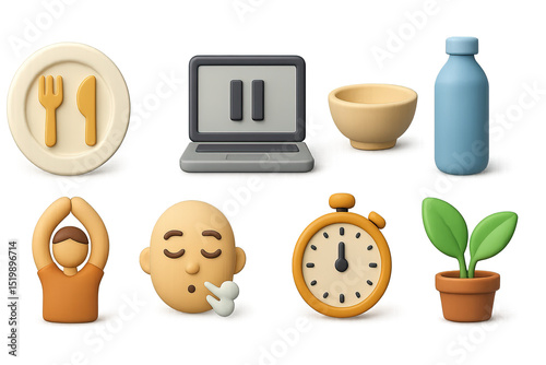 Mindful Work Break Icons. 3D icons set of mindful eating breaks at work: desk plate, laptop pause icon, small bowl, water bottle,