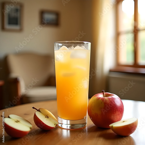 Chilled apple juice in glass with fresh apples and splash.