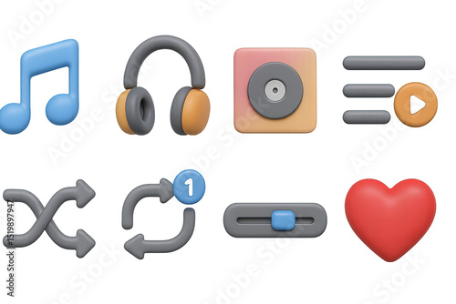Music Streaming Icons. 3D icon set of music streaming services: musical note, headphones, album cover, playlist icon, shuffle