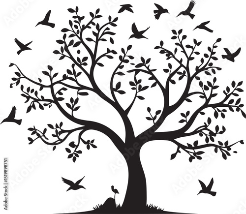 Tree with birds flying silhouette vector isolated on white background