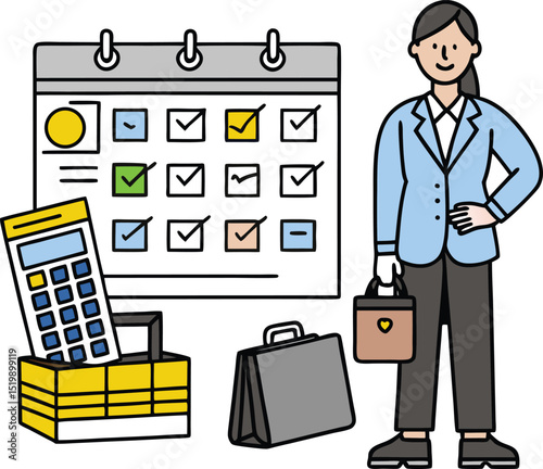 Businesswoman with Calendar and Office Tools: Illustration of Time Management and Organization Featuring Calculator, Briefcases, and Task Planning