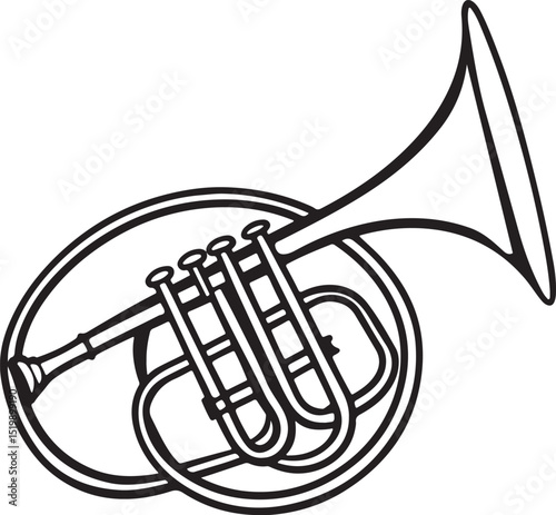French horn line art, black outline, vector and illustration, coloring book page line art drawing