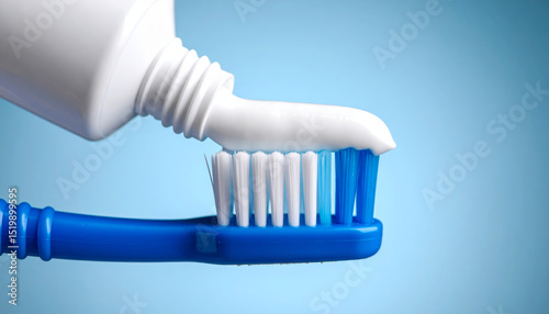 Blue toothbrush with white toothpaste being squeezed from tube, close up on bristles, dental hygiene concept, clean and fresh feeling