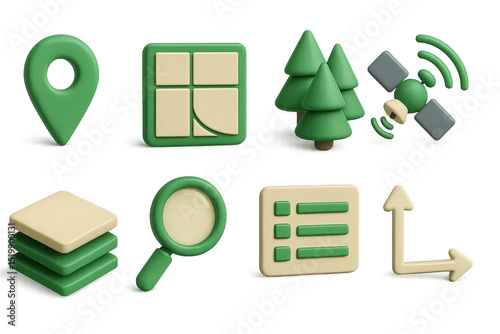 3D GIS Icon Set. 3D icon set of GIS mapping of forests: map pin, map grid, tree cluster, satellite icon, layer stack, magnifier,