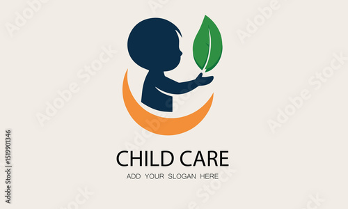  Child Care Logo with Silhouette, Leaf, and Crescent for Nurturing and Growth
