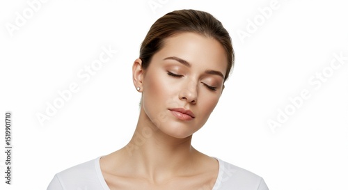 Pensive woman eyes closed, head tilted downward, on plain background. Use Portrait