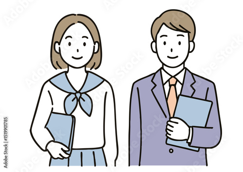 女子高生とスーツ姿の男性が資料を持って並ぶ