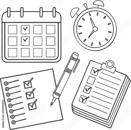 Productivity Essentials: Checklist, Calendar, Clock, and Pen Illustration for Time Management and Organization in a Minimalist Line Art Style