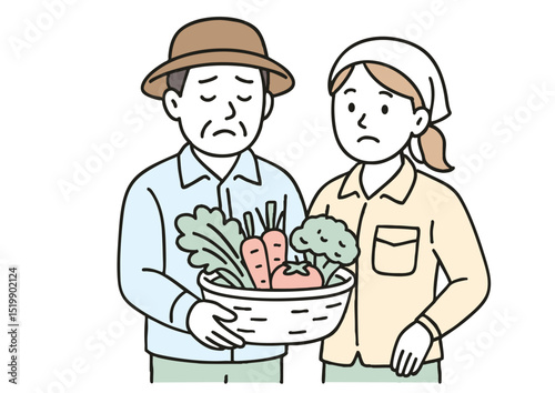 収穫した野菜を持つ困り顔の農家の男女