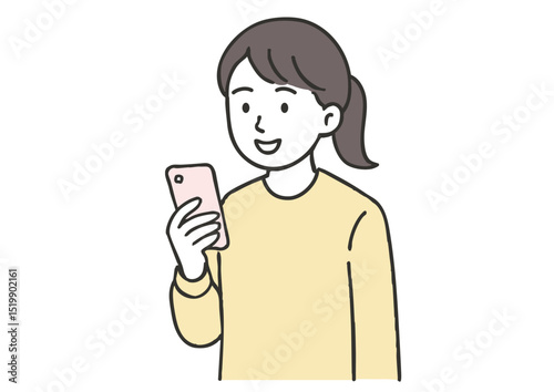 スマートフォンを見る若い女性のイラスト