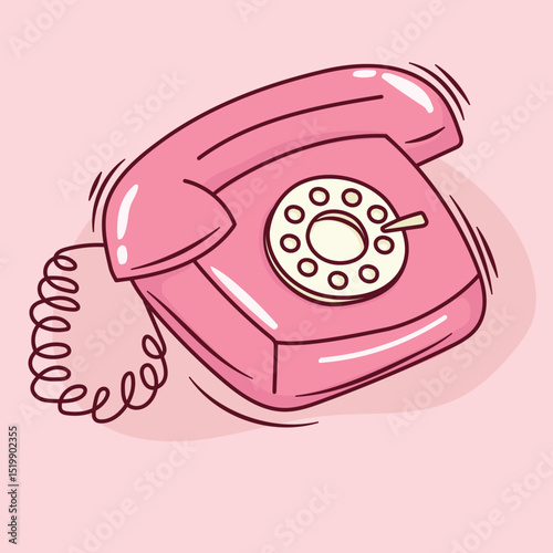 Retro dial telephone in pink color. Vintage wire phone contour drawing. Old electronic device.Vector illustration