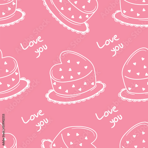 Seamless pattern pink line art heart shaped bento cakes doodle style.Vector illustration