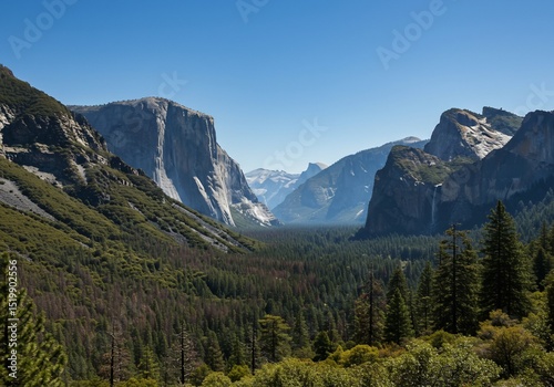 Yosemite Valley View El Capitan & Half Dome rock formations over forest landscape