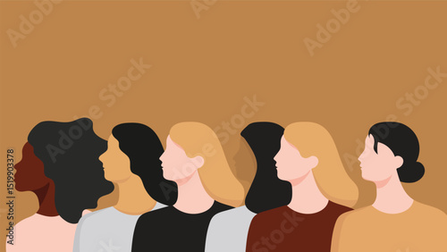 Women of different races and age standing together. Profile silhouettes of female characters with various skin colors and hair styles.