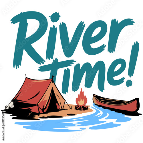 River Time camping travel vector illustration with boat on the sea fire flame.