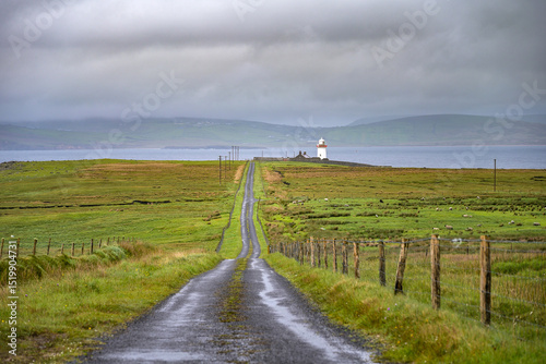 Weg zum Ballyglass Lighthouse in grüner Landschaft in Irland