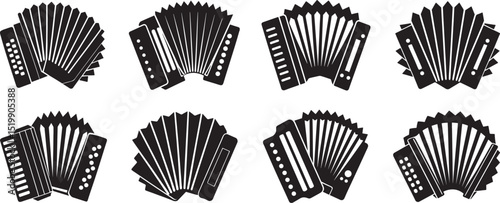 set of Piano accordion silhouette, black and white silhouette, vector and illustration