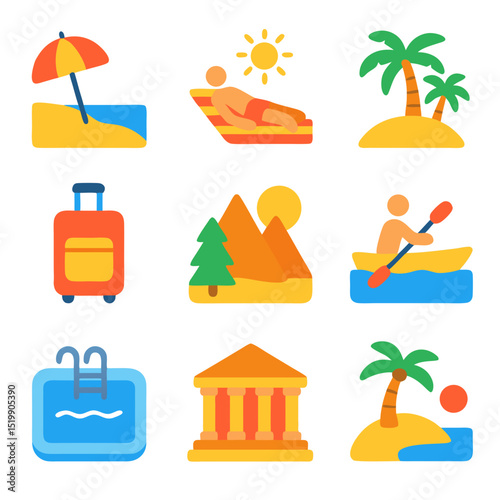 Summer vacation icons include surfing, hiking, sightseeing, beach, camping and more. Ideal for travel brochures, websites, and social media posts.