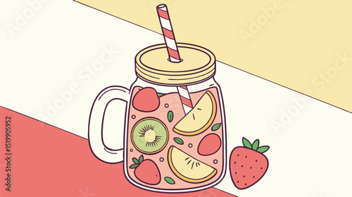 Illustration of refreshing summer fruit infused water in mason jar with strawberry and kiwi slices