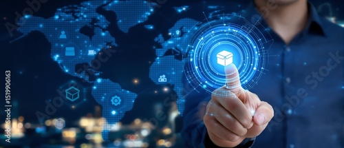 Man Touching Digital World Map Interface with Glowing Icon. Global Network Technology Concept. Futuristic Style Image