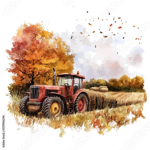 Autumn Hayride Through Fields, watercolor drawing vector, high quality, isolated on a white background.