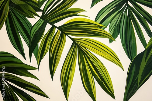 A close-up of the vibrant green leaves on a palm tree, with sunlight filtering through them