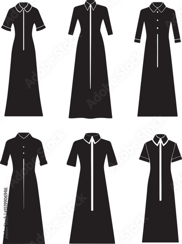 set of maxi shirt dress silhouette, black and white silhouette, vector and illustration