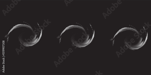 Halftone circular dotted frames set. Circle dots texture isolated on white background. Spotted spray texture. Vector abstract design element spiral circle sound wave vector logo