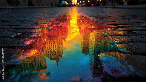 Vibrant scene of rainbow colored puddles reflecting upside down city buildings creates stunning visual effect. cobblestone street adds texture, while warm sunset hues evoke sense of wonder