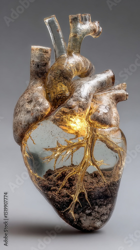 Stunning glass heart sculpture with intricate roots growing from it, placed on soil, symbolizing life and connection to nature. artwork combines elements of art and nature beautifully