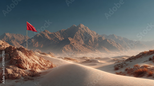 Red goal flag stands prominently in sandy dune landscape, surrounded by majestic mountains in background. scene evokes sense of motivation and adventure, inviting exploration
