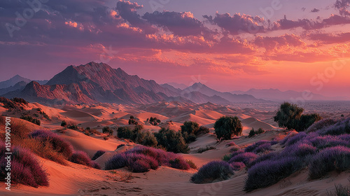 Breathtaking landscape featuring rolling sand dunes pastel desert sky, with mountains background and vibrant purple flowers scattered throughout scene, evoking sense of tranquility and beauty
