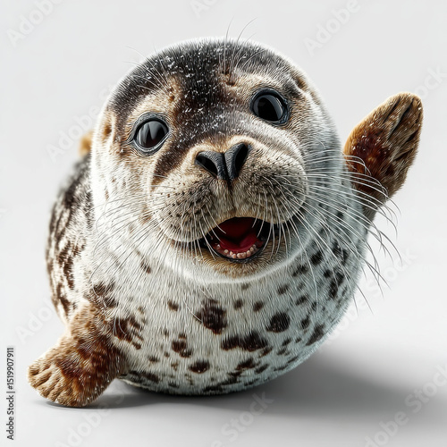 Cute seal waving both flippers and smiling against white background, showcasing its playful and friendly nature. This adorable marine animal captures joy and charm effortlessly