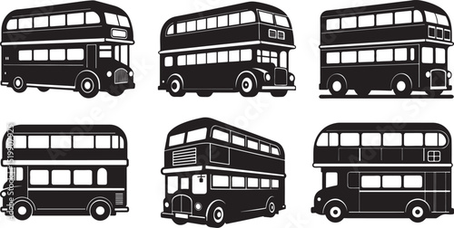 set of double decker bus silhouette, black and white silhouette, vector and illustration