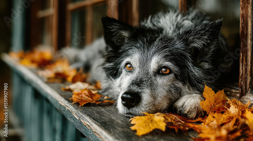 Senior dog resting on porch surrounded by vibrant fall leaves, exuding calm and peaceful demeanor. warm colors of autumn create cozy atmosphere, perfect for relaxation
